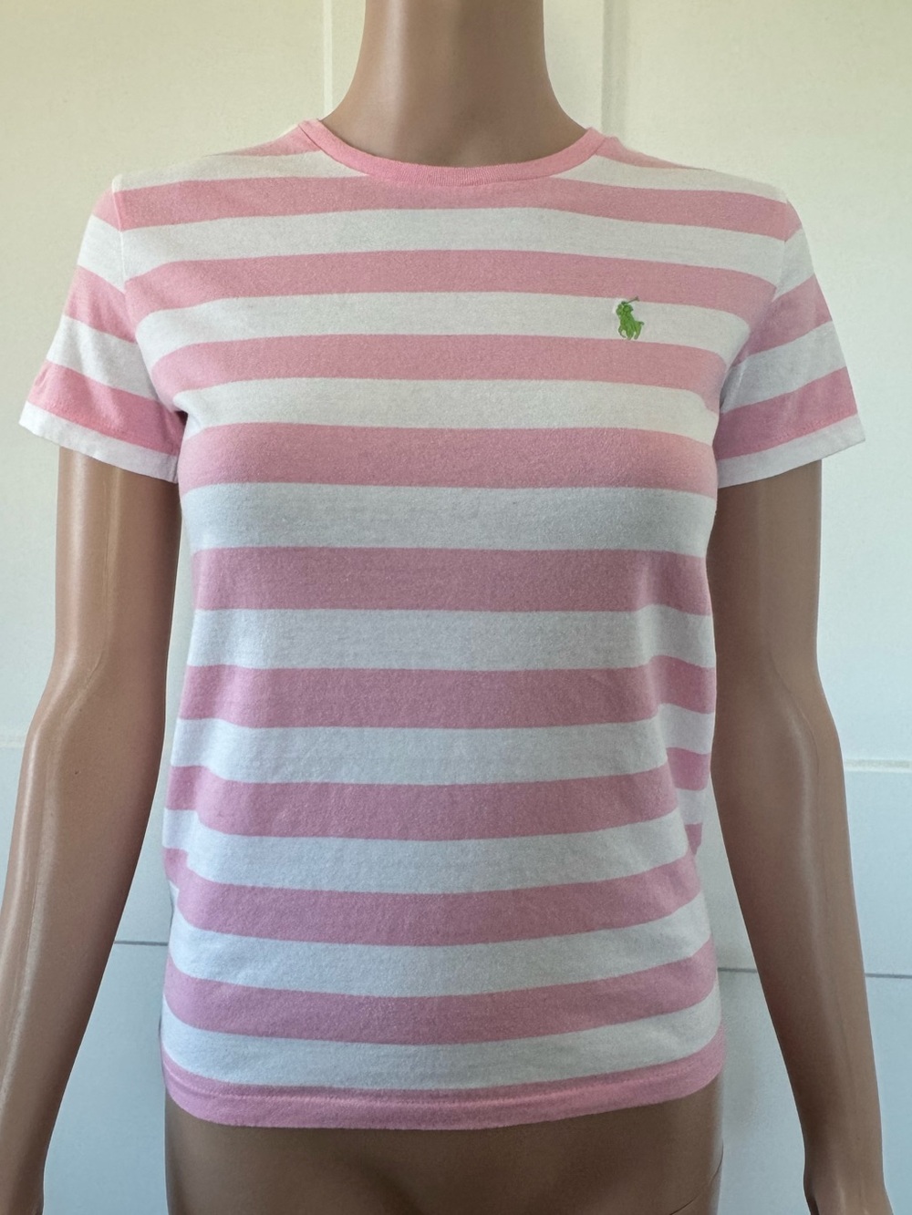 Ralph Lauren Sport Pink White Stripe Short Sleeves Cotton Tee Green Pony Small S